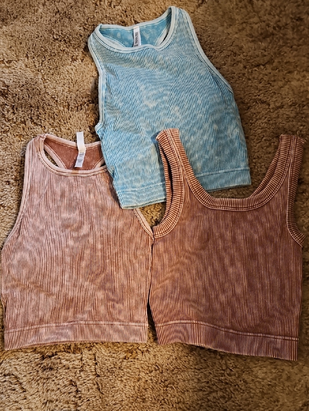 Zenana Outfitters Ribbed Crop Tank Tops in Blue and Rust (3-Pack)